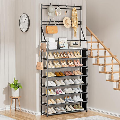 OYREL Shoe Rack 8 Tier Large Shoe Organizer Storage 32-40 Pairs Metal Shoe Storage Rack with Hooks and Side Pocket for Entrance Entryway Closet Shoe Shelf Holder
