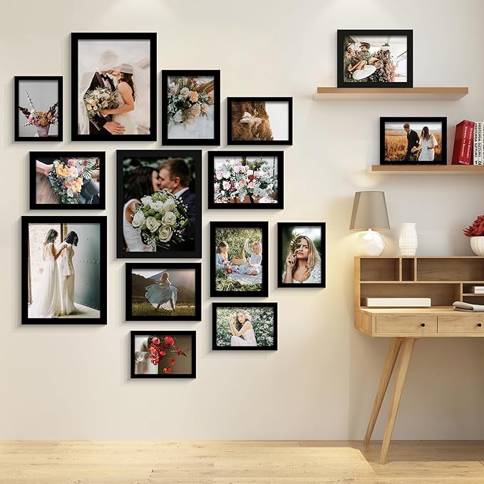 BESCRCL 15 Pack Real Glass Picture Frames Collage Wall Decor, Including 3pcs 8x10, 6pcs 5x7, 6pcs 4x6 Photo Frames for Gallery Wall or Tabletop Display, Black