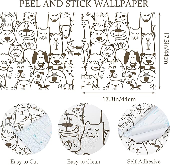 Peel and Stick Wallpaper Modern Brown and White Wallpaper Dog Animal Contact Paper Textured Self Adhesive Removable Wall Paper for Nursery Kids Room Shelf Liner Vinyl Roll 78.7