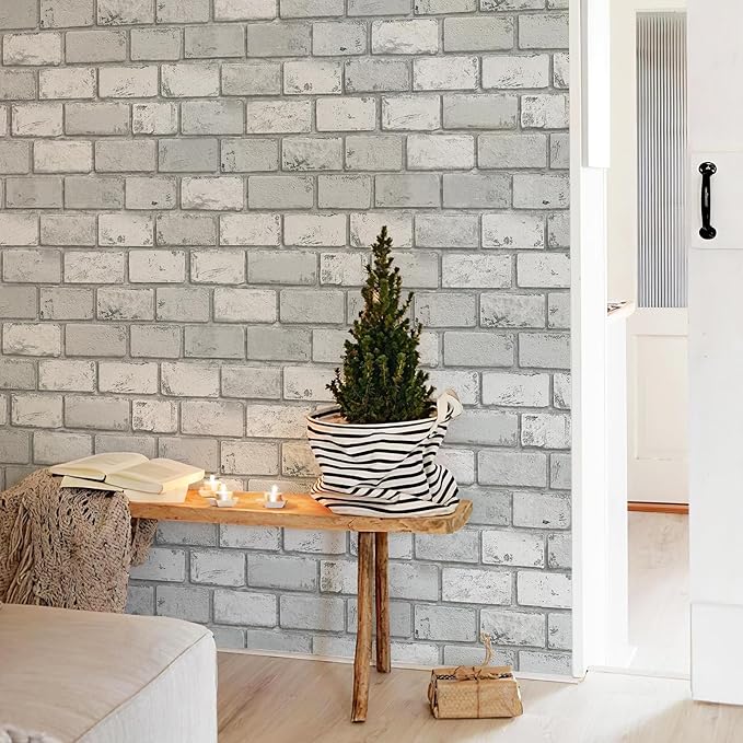 JiffDiff Brick Wallpaper Peel and Stick, Removable Vintage Self Adhesive Wallpaper Renter Friendly Textured Stick on Wallpaper Contact Paper （17.3