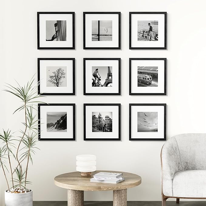 Vittanly 12x12 Picture Frames Set of 9, Shatter Resistant Plexiglass, Display 8x8 Pictures with Mat or 12x12 without Mat, Photo Frames for Wall Mount, Engineered Wood, Black