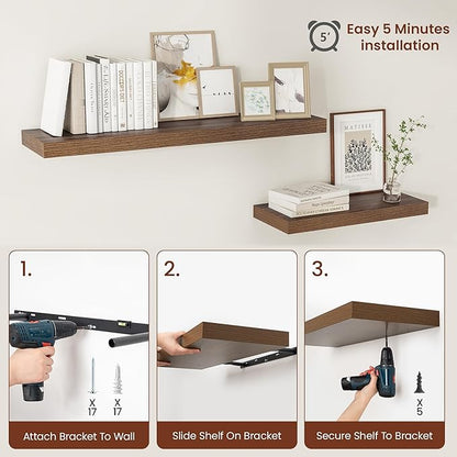 Vivelove Wide Floating Shelves for Wall 12 Inch Deep, 55" X 12" X 2" Floating Shelf, 2 Inch Thick Shelf for Living Room Bathroom Bedroom Kitchen Book Room, Rustic Farmhouse Decor Set of 2, Walnut