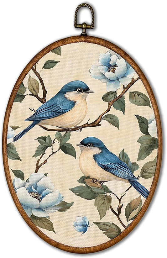 KSDUT Bird Wall Art Decor - Chinoiserie Neutral Mid Century Modern Wall Art Canvas Frame Hanging Prints, Vintage Landscape Oval Wall Art Decor for Home Decorations 8.6"x11.4"