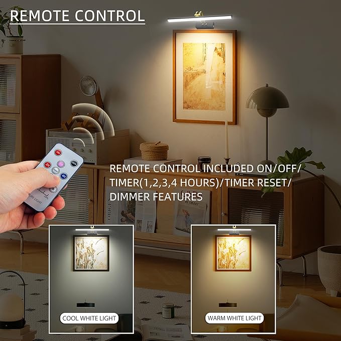 Picture Light,Picture Lights for Wall Cordless,16" Picture Lights with Timer and Dimmable,Battery Wall Lights for Display Gallery Painting Art Frame Portrait-BK+GD