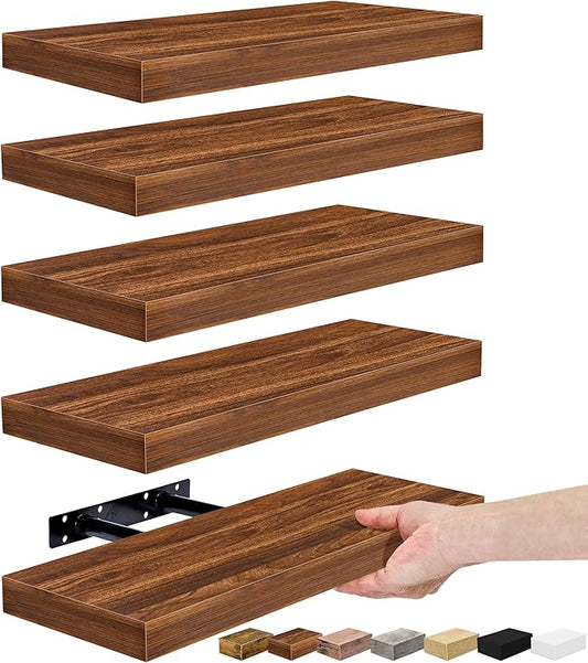 Sorbus Floating Shelves for Wall – 16 Inch Floating Shelf for Kitchen, Bedroom, Living Room, Bathroom, Home & Wall Decor - Mounted Bathroom Shelves with Invisible Brackets (Walnut, 5 Pack)