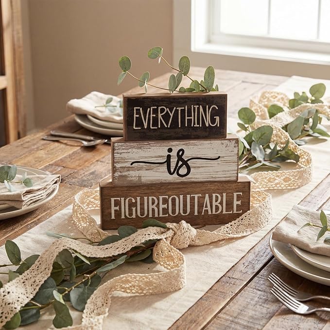 4 Pcs Inspirational Farmhouse Table Decor Everything Is Figureoutable Stacked Wooden Block Signs with Inspirational Quote Eucalyptus Leaves for Home, Living Room, Shelf Housewarming Gift