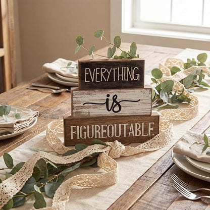 4 Pcs Inspirational Farmhouse Table Decor Everything Is Figureoutable Stacked Wooden Block Signs with Inspirational Quote Eucalyptus Leaves for Home, Living Room, Shelf Housewarming Gift