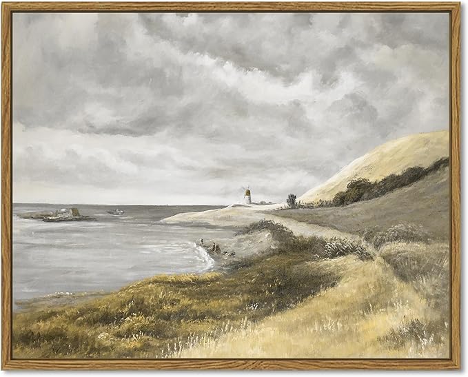 SHENIFY Coastal Framed Canvas Wall Art Vintage Landscape Seascape Classic Bathroom Kitchen Office Decor - 11x14in Natural Framed