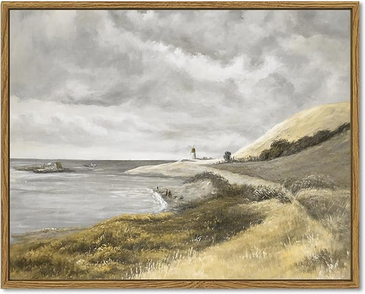SHENIFY Coastal Framed Canvas Wall Art Vintage Landscape Seascape Classic Bathroom Kitchen Office Decor - 11x14in Natural Framed