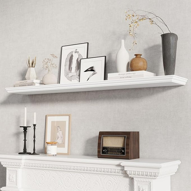 Fun Memories Floating Shelves 55 Inch Long, 9.3 Inch Deep Classic Crown Molding Floating Shelves for Wall, Rustic Wooden Shelves for Wall Decor Bathroom, Kitchen, Office, (White, 1Pack)