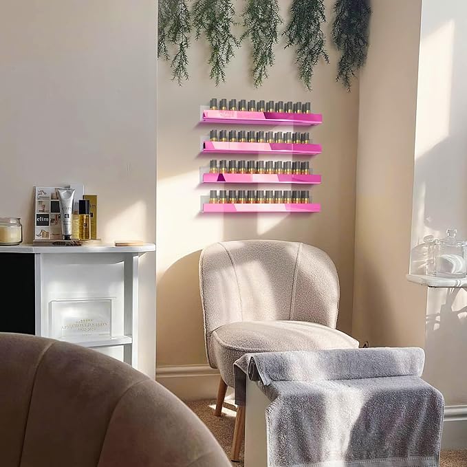 4 Pack 15 Inch Pink Reflective Acrylic Shelves, Pink Floating Shelves, Modern Sunglasses Essential Oil Picture Ledge Display Toy Storage Shelf