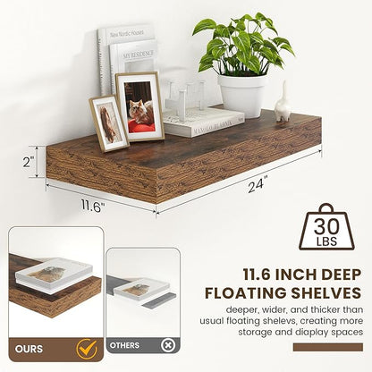 12 Inch Deep Floating Shelves | 24 Inch Brown Floating Shelves | 24" W x 12" D Rustic Wood Shelves for Wall | Deep Shelves for Living Room Bathroom Laundry Room Kitchen