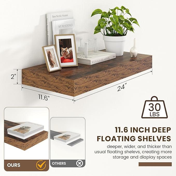 12 Inch Deep Floating Shelves | 24 Inch Brown Floating Shelves | 24