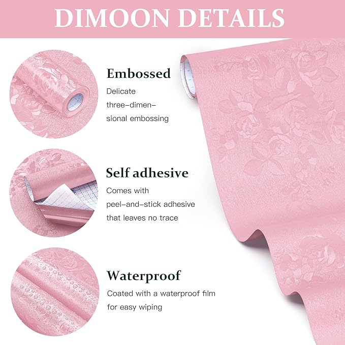 Dimoon 17.7''x236.2''Pink Peel and Stick Wallpaper Gothic Floral Wall Paper Contact Paper Closeout Renter Friendly Modern Self Adhesive(236.2''x17.7'', Pink Floral Textured)