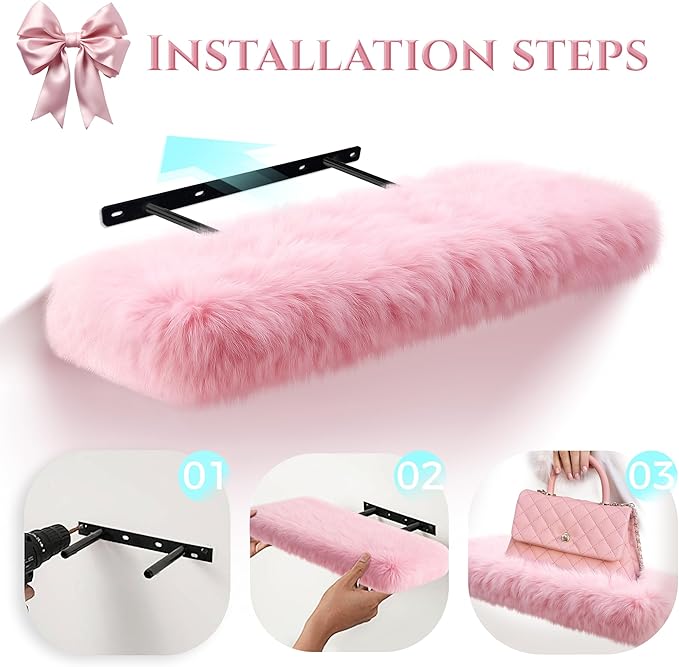2 Pack Pink Floating Shelves for Wall, Wood Shelf with Fluffy Soft Pink Shag Cover,Wall Mounted Shelves for Bedroom, Living Room, Suitable for Storing Valuable Collectibles,Purses,Handbags,High Heels