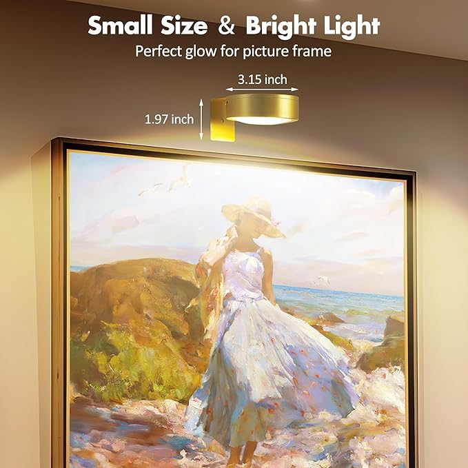 3Pcs Battery Operated Picture Light, Magnetic Led Painting Light with Remote Dimmable and Timer, 3 Lighting Modes Art Display Light for Picture Frame Paintings, Wireless Wall Decor Puck Lights, Gold