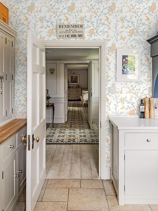 Vintage Wallpaper Floral Peel and Stick Wallpaper Boho Light Blue and Yellow Wall Paper Bird Botanical Contact Paper for Cabinets Renter Friendly Self-Adhesive Bathroom Bedroom 1.44' x 32'