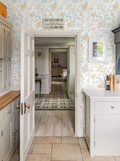 Vintage Wallpaper Floral Peel and Stick Wallpaper Boho Light Blue and Yellow Wall Paper Bird Botanical Contact Paper for Cabinets Renter Friendly Self-Adhesive Bathroom Bedroom 1.44' x 32'