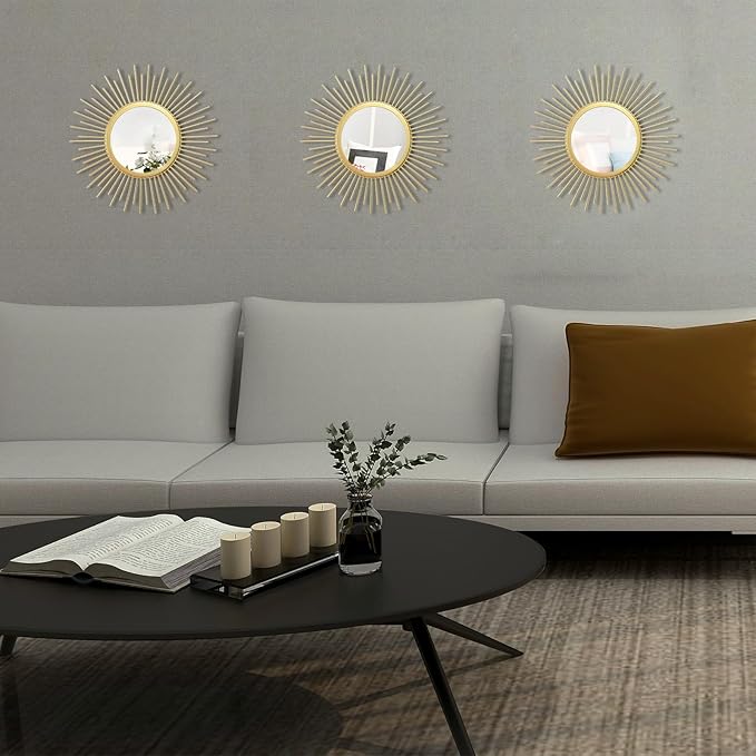 Cityelf 3 Set Sunburst Mirrors for Wall Decorative Metal Mirrors Small Mirror Sets Decor Hanging Mirror Wall Sculpture for Bedroom Living Room Entryway