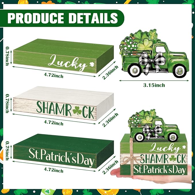 Geelin 4 Pcs St. Patrick's Day Table Decorations Wooden Shamrocks Rustic Tiered Tray Decor with Green Truck, Irish Farmhouse Shelf Centerpiece for Home Kitchen Living Room Holiday Decoration