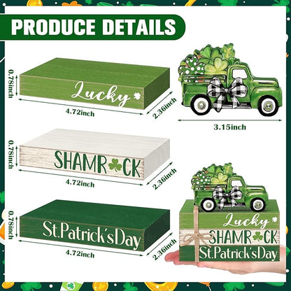 Geelin 4 Pcs St. Patrick's Day Table Decorations Wooden Shamrocks Rustic Tiered Tray Decor with Green Truck, Irish Farmhouse Shelf Centerpiece for Home Kitchen Living Room Holiday Decoration