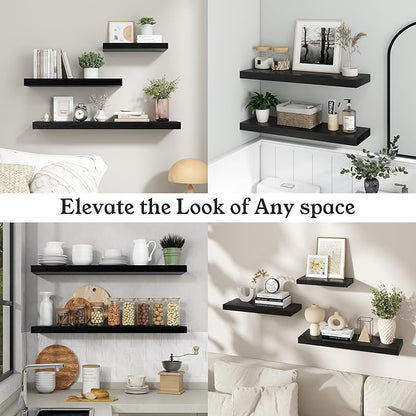 Floating Shelves for Wall, 9.3" Deep Wall Mounted Wood Shelves for Bathroom, Bedroom (Black, 55)