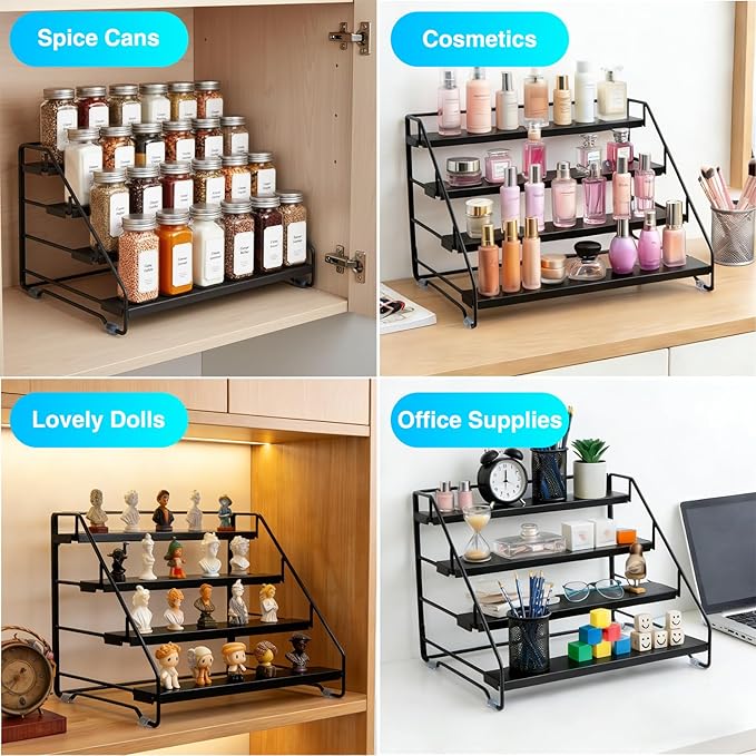 Black Spice Shelf, Tiered Spice Rack Organizer for Cabinet, 4 Tier Countertop Spice Rack, Depth Adjustable Seasoning Organizer for Cabinet