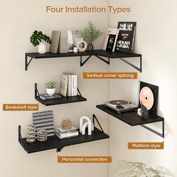 Deep Floating Shelves Wall Mounted, 36"x12" Black Wall Shelves with Brackets Set of 2 for Bedroom, Living Room, Bathroom, Kitchen, Office - Storage & Display Shelf for Decor, Books, Plants