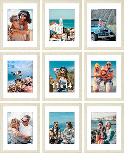Vittanly 11x14 Picture Frames Set of 9, Shatter Resistant Plexiglass, Display 8x10 Pictures with Mat or 11x14 without Mat, Photo Frames for Wall or Tabletop, Engineered Wood, Cornsilk