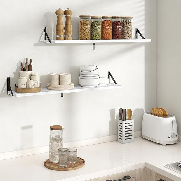 Floating Shelves, 8 Inch Deep Rustic Wood Wall Storage, 36W x 8D Wall Shelves Set of 2, Heavy Duty Metal Brackets, Industrial Book Shelf for Living Room, Kitchen, Bathroom, Bedroom, White