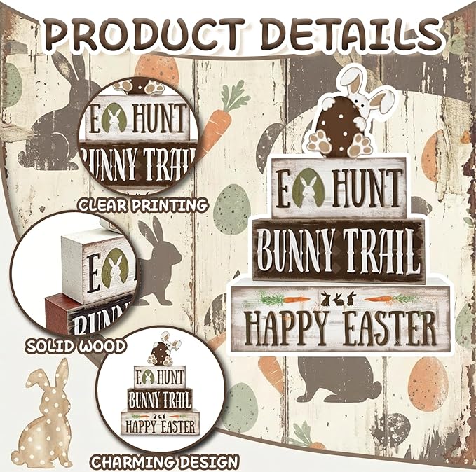 Easter Decorations, 4 Pcs Wooden Easter Table Decorations, Rustic Bunny Tiered Tray Decor, Wooden Table Sign for Desk Shelf Mantel Coffee Bar, Indoor Home Decor