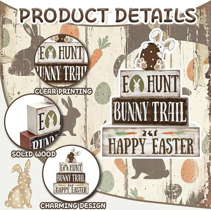 Easter Decorations, 4 Pcs Wooden Easter Table Decorations, Rustic Bunny Tiered Tray Decor, Wooden Table Sign for Desk Shelf Mantel Coffee Bar, Indoor Home Decor