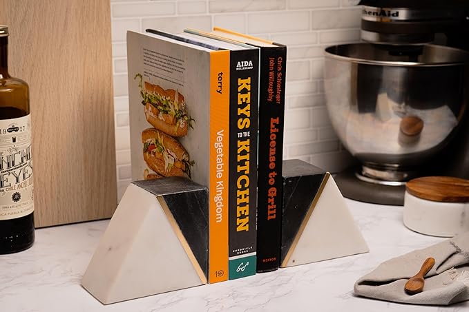 Cork & Mill Marble Book Ends for Shelves, Decorative Bookends for Heavy Books, Unique Mid Century Modern Gray and White Bookends with Brass Inlay, Heavy Duty Bookshelf Stopper, Set of 2