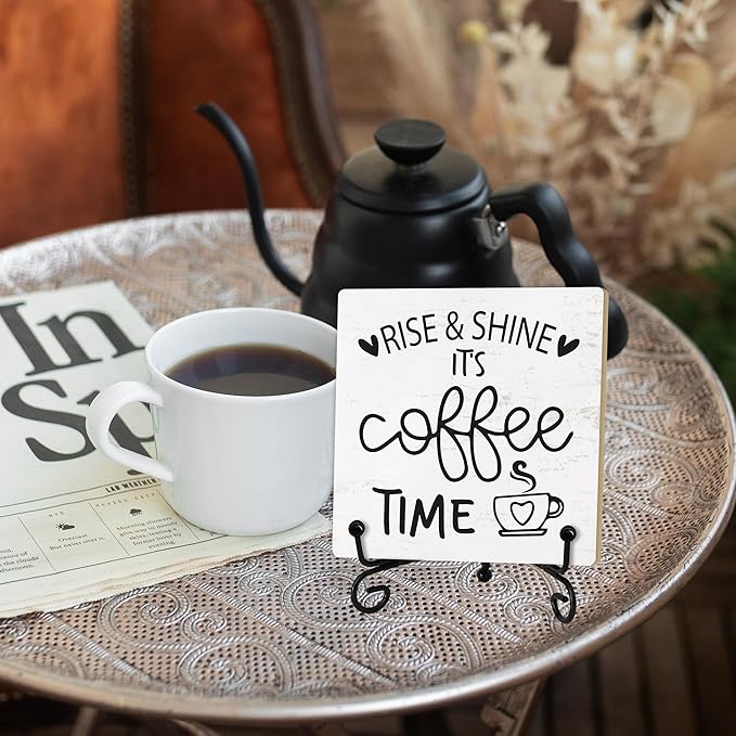 Coffee Desk Decor Sign, Coffee Time Sign With Stand For Farmhouse Home Kitchen Table, Wine Sign For Farmhouse Home Kitchen Bar Shelf Table, Gifts For Family Friend Coworker-07