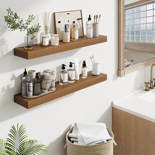 Fun Memories Bathroom Shelves 32 Inch Long Set of 2, Floating Shelves for Wall with Invisible Brackets, for Bedroom, Living Room, Kitchen, Walnut