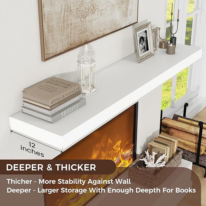 Floating Shelves for Wall, 48" W x 12" D x 2" H, 2 Pack of Long Wall Mounted Engineered Wood Shelves with Invisible Brackets for Living Room, Bedroom, Bathroom, Kitchen Decor, White