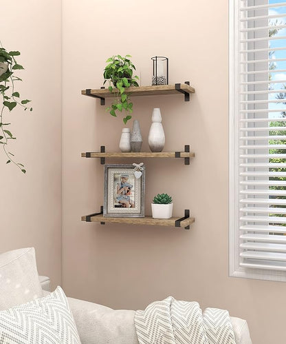 Sapowerntus Wood Floating Shelves Bathroom Wall Mounted, Small Light Rustic Farmhouse Narrow Shelf Storage, Bedroom Living Room Kitchen Office Display Decor with U Metal Brackets Set of 3