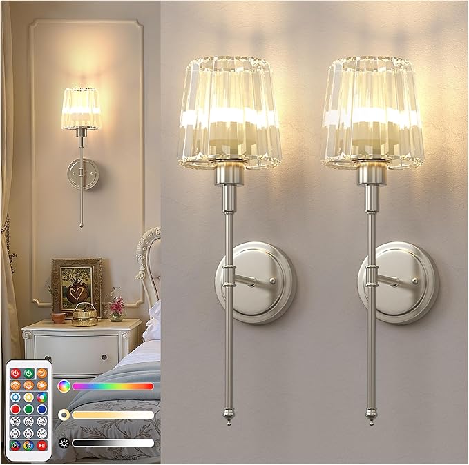 DORESshop Battery Operated Wall Sconce Set of 2, Wireless Wall Light, 15 Color Rechargeable Wall Sconces, Sconce Wall Decor Set of 2 for Bedroom, Living Room, Nickel and Crystal, 24.6in