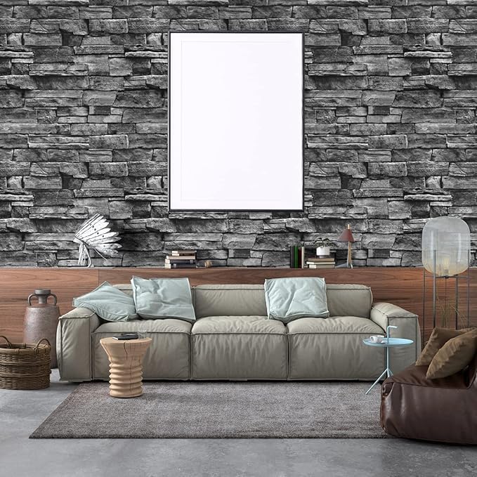 Jeweluck Grey Brick Wallpaper Peel and Stick Wallpaper 17.7”×393.7” Faux Stone Wall Paper Peel and Stick Brick Contact Paper for Kitchen Stone Self Adhesive Removable Decorative for Walls Vinyl