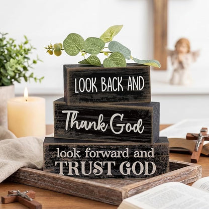 4 Pcs Christian Table Decor Inspirational Gifts for Women Look Back and Thank God Look Forward and Trust God Wooden Block Signs Farmhouse Christian Centerpiece for Mother's Day Home Office