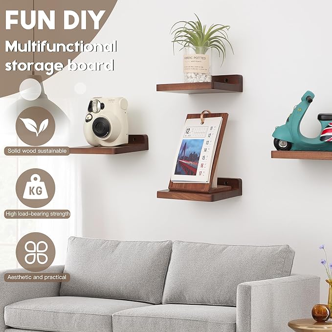 Small Floating Shelf, 5x6 Inch Display Ledges for Wall,Mini Shelves,Rustic Wood Shelf for Bedroom Living Room Bathroom Kitchen (3, Light Walnut)
