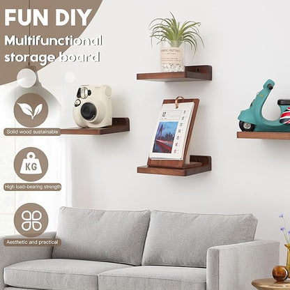 Small Floating Shelf, 5x6 Inch Display Ledges for Wall,Mini Shelves,Rustic Wood Shelf for Bedroom Living Room Bathroom Kitchen (6, Light Walnut)