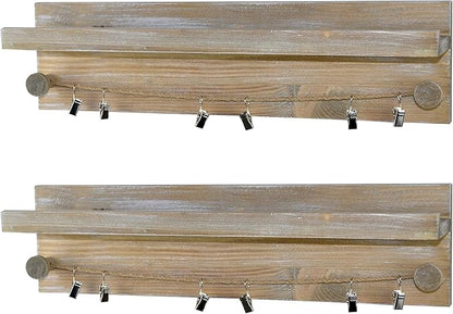 Set of 2 Wall-Mounted Picture Ledge Shelves - Twine Cords with Metal Clips - Rustic Torched Wood - Farmhouse Gray - for Hanging Photos, Prints, Artwork in Nursery, Living, Bedroom