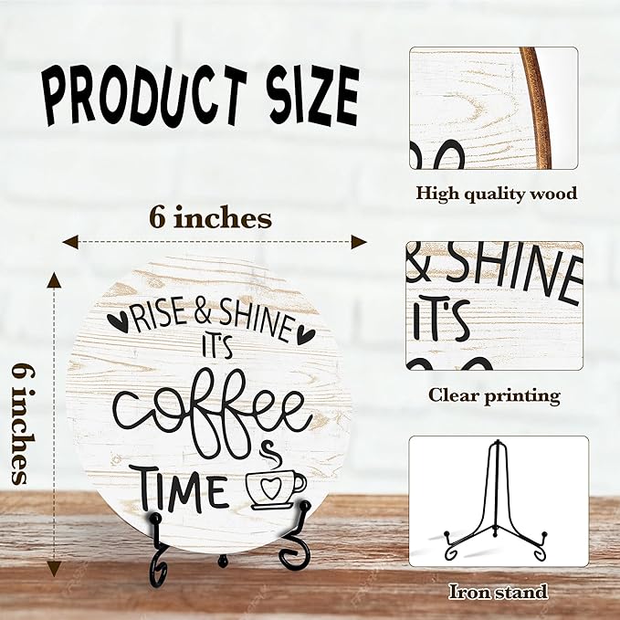 Coffee Desk Decor Sign, Farmhouse Wood Plaque, It Is Coffee Time Wood Sign, Cafe Lover Gifts, Decor For Home Kitchen Table Top, Wooden Round Decorations With Stand-18