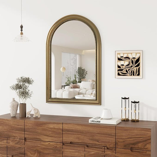 Axeman 24x36 Arched Wall Mirror, Decorative Bathroom Mirror, Traditional Vintage Wall Mounted Mirror with Beaded Frame for Accent Living Room Vanity Bedroom Entryway, Gold