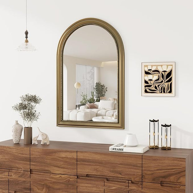 Axeman 24x36 Arched Wall Mirror, Decorative Bathroom Mirror, Traditional Vintage Wall Mounted Mirror with Beaded Frame for Accent Living Room Vanity Bedroom Entryway, Gold