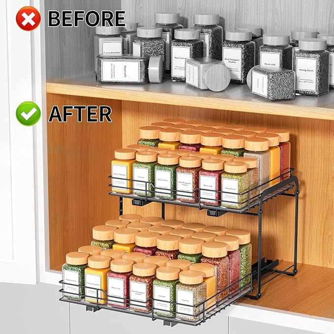 RCHYFEED Spice Organization for Cabinet,2 Tier Pull out Spice Rack Organizer for Inside Cabinets & Pantry, Slide out Heavy Duty Spice Shelf Rack for Kitchen Seasoning (11.5