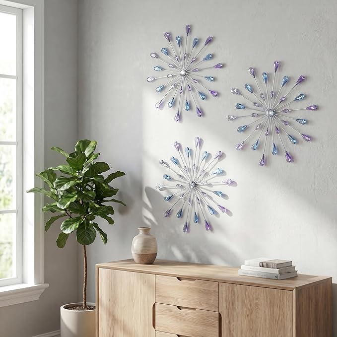 ZEXUIRU 3 Pack Silver Sunburst Wall Decor – Metal Crystal Wall Art with Sparkling Rhinestones, 14’’/18 Inch Starburst Wall Hanging Set for Living Room Bedroom Bathroom – Modern Bling Home Decorations