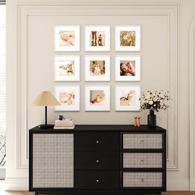 8x8 Picture Frame Set of 9, Display Pictures 4x4 with Mat or 8x8 without Mat, Multi Collage Gallery Square Photo Frames for Wall or Tabletop, Distressed White