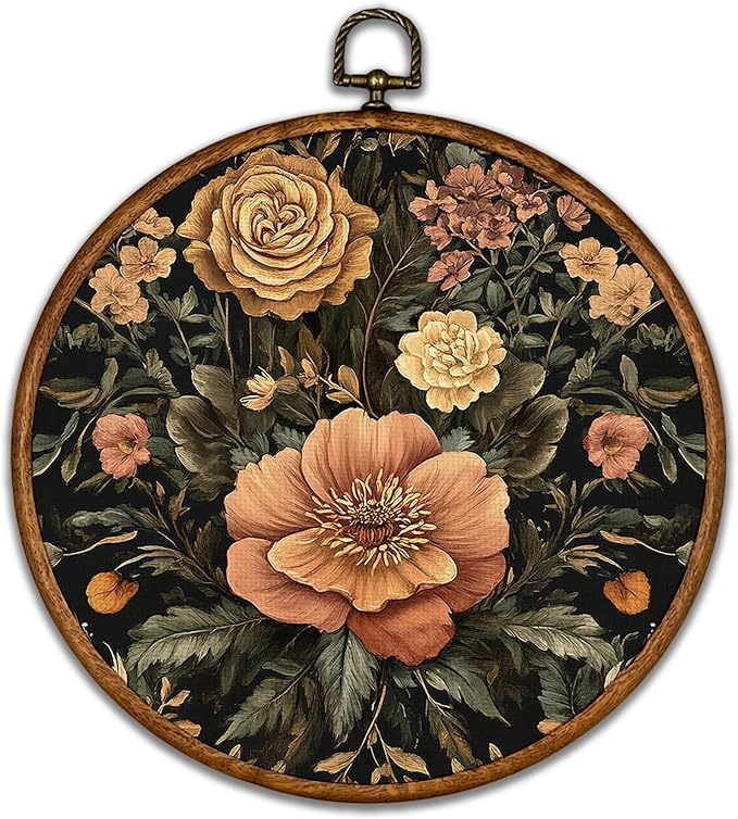 KSDUT Aesthetic Flower Retro Wall Art Decor - Botanical Neutral Mid Century Modern Wall Art Canvas Frame Hanging Prints, Vintage Landscape Round Wall Art Decor for Home Decorations 10"x10"